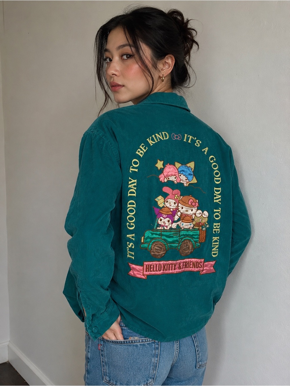 Hello Kitty Teal Corduroy Button-Down Shirt with Colorful Back Graphic - Picture 2 of 8